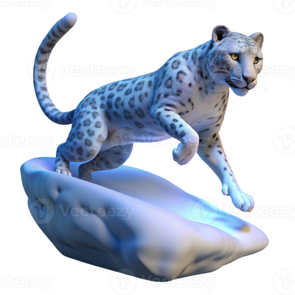 impressive traditional A majestic snow leopard gracefully leaping across a chasm, illuminated by a single spotlight, rendered in a hyperrealistic style professional png