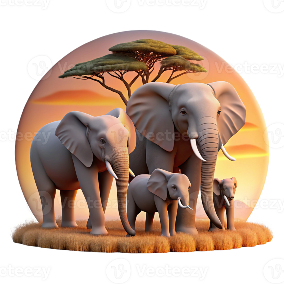 magnificent rustic A family of elephants walking across the African savanna at sunset, warm color palette, cinematic style premium png