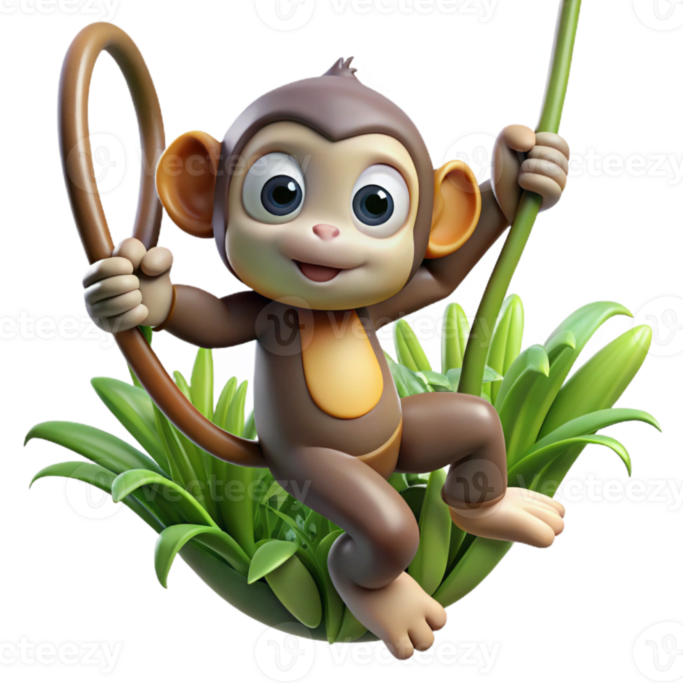 vibrant vintage A curious monkey swinging through the jungle, energetic and playful, cartoon style genuine png