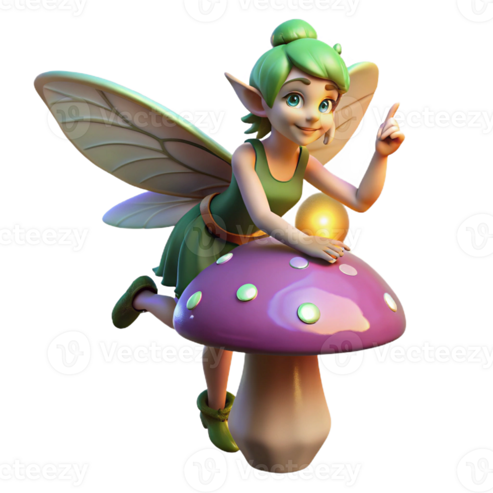 stunning traditional A mischievous pixie with iridescent wings, perched on a giant mushroom, holding a glowing orb. Warm, dappled sunlight. Digital painting style genuine png