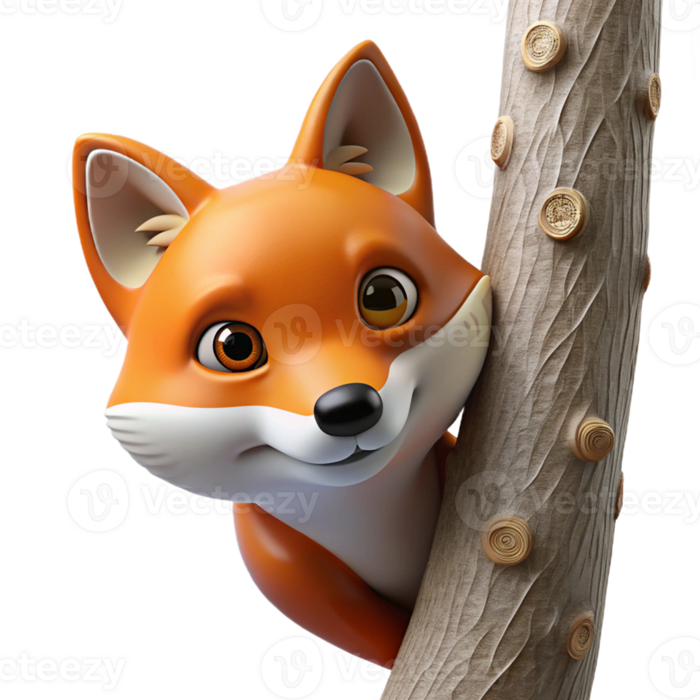 dramatic minimalist A sneaky fox peering out from behind a tree, cunning and intelligent, realistic wildlife photography style 4K png