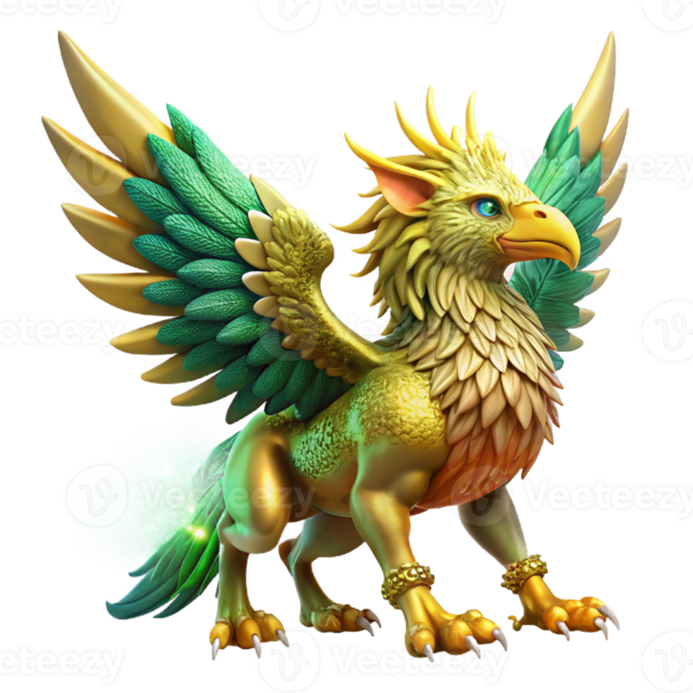 vibrant classic A majestic griffin with golden feathers and piercing emerald eyes soaring through a nebula of vibrant colors. Dramatic, backlighting. Fantasy art style premium png