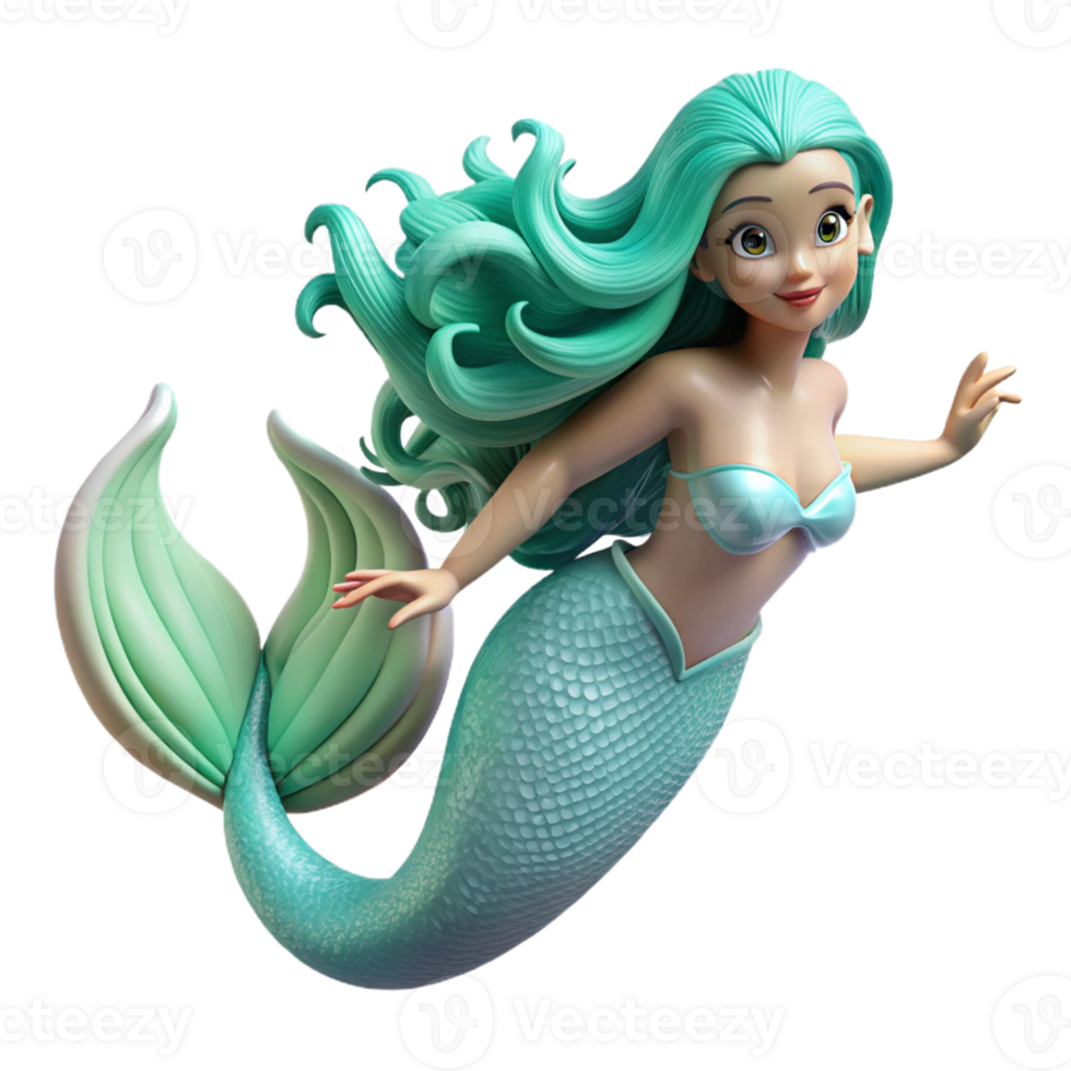 wonderful rustic A beautiful mermaid with flowing turquoise hair and shimmering scales, swimming through a coral reef. Soft, underwater light. Impressionist style high resolution png