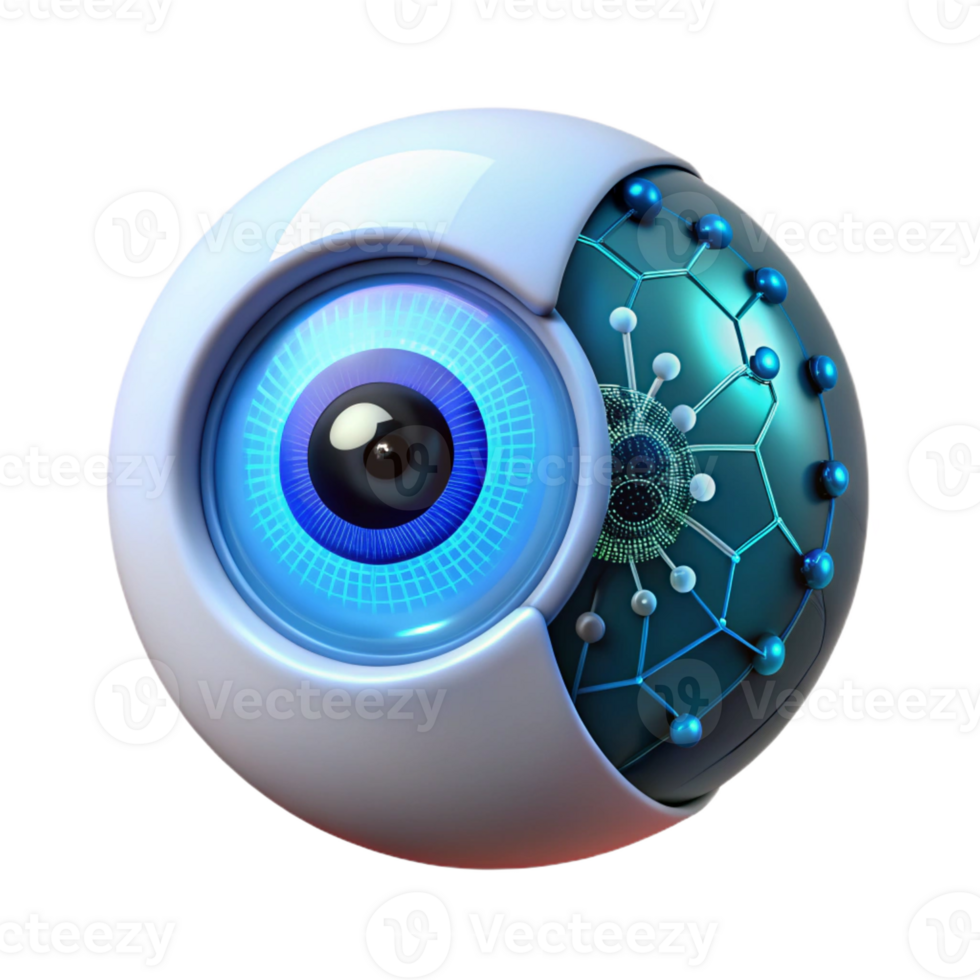 stunning traditional A single human eye, iris glowing with binary code, reflecting a complex network of digital connections, lit by a cool, clinical blue light. Biopunk style. Ray tracing premium png