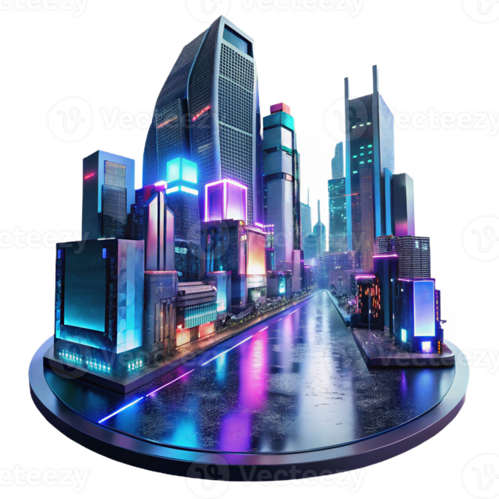 stunning classic A futuristic cityscape at night, towering holographic advertisements flickering in the rain, reflections shimmering on the wet pavement, cyberpunk style, lit by neon signs genuine png