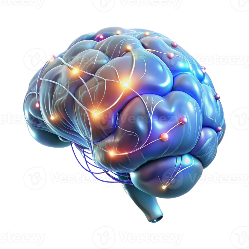 dramatic rustic A holographic projection of a human brain, neural pathways firing in a complex sequence, illuminated by pulsating light, rendered in a futuristic, medical illustration style exclusive png