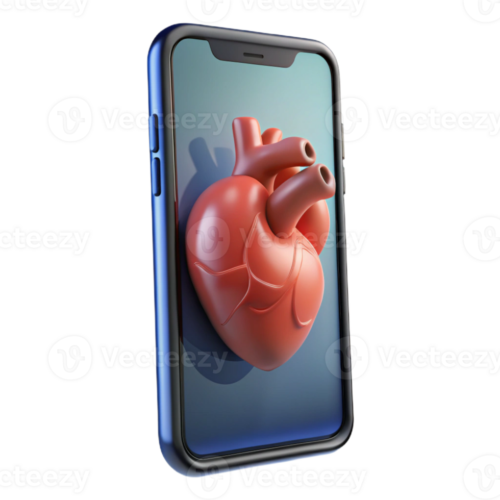 beautiful creative A transparent smartphone displaying a 3D model of a human heart, rotating slowly, lit by the internal screen light, rendered in a photorealistic style authentic png