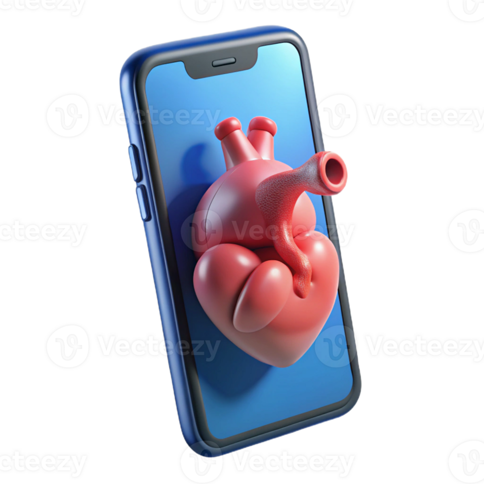 serene modern A transparent smartphone displaying a 3D model of a human heart, rotating slowly, lit by the internal screen light, rendered in a photorealistic style premium png