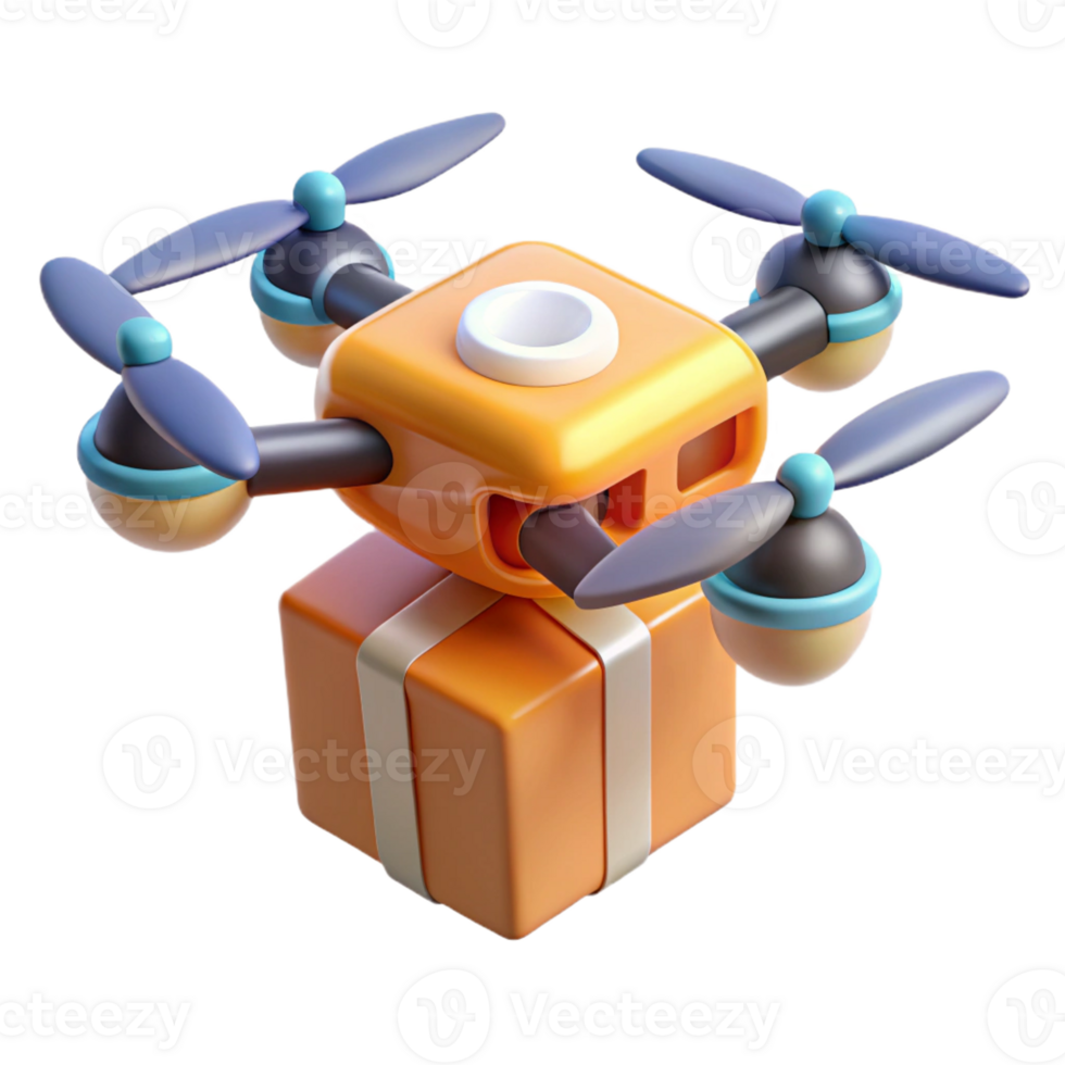 extraordinary modern A drone delivering a package, hovering against a cityscape backdrop, propellers blurred in motion, lit by the setting sun premium png