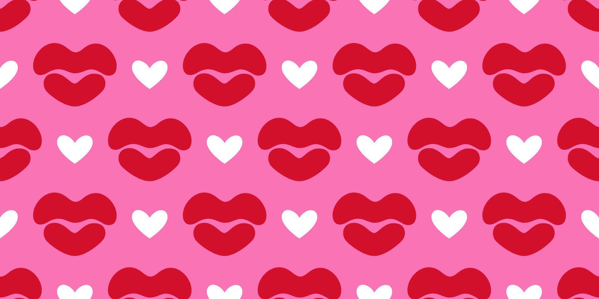 Seamless pattern with red lips and white hearts on vibrant pink background. Flat style cartoon and modern aesthetic ideal for romantic, fashion accessories, wallpaper for a fun and energetic space vector