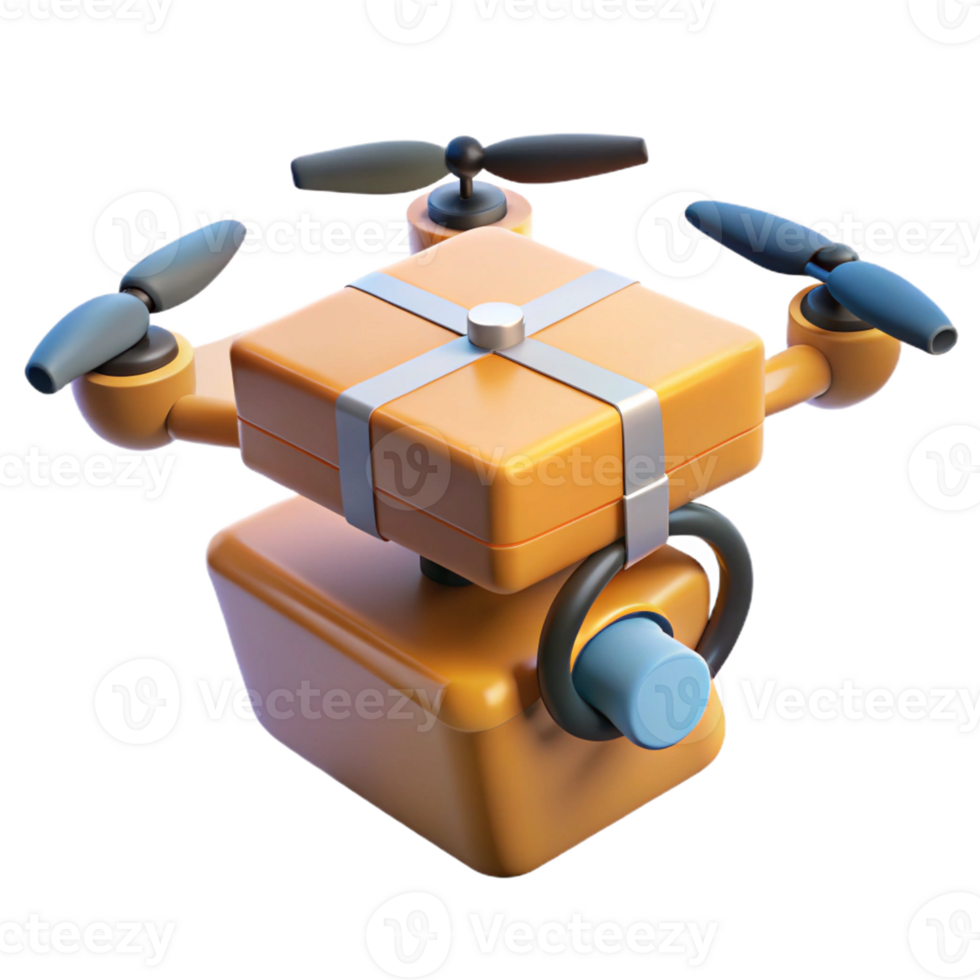 wonderful minimalist A drone delivering a package, hovering against a cityscape backdrop, propellers blurred in motion, lit by the setting sun premium png