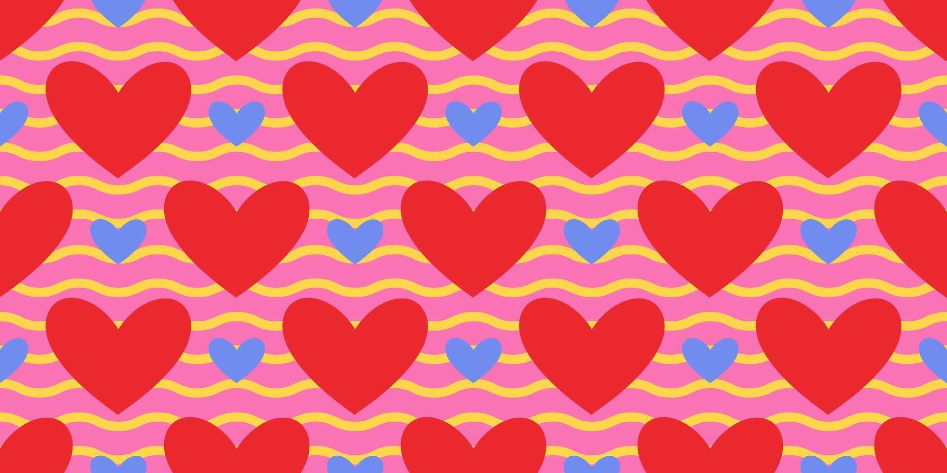 Seamless pattern with bold red hearts, smaller blue hearts, and wavy yellow lines on a pink background. Modern trendy vibe, flat style. Perfect for textiles, wallpapers, greeting cards, romantic decor vector