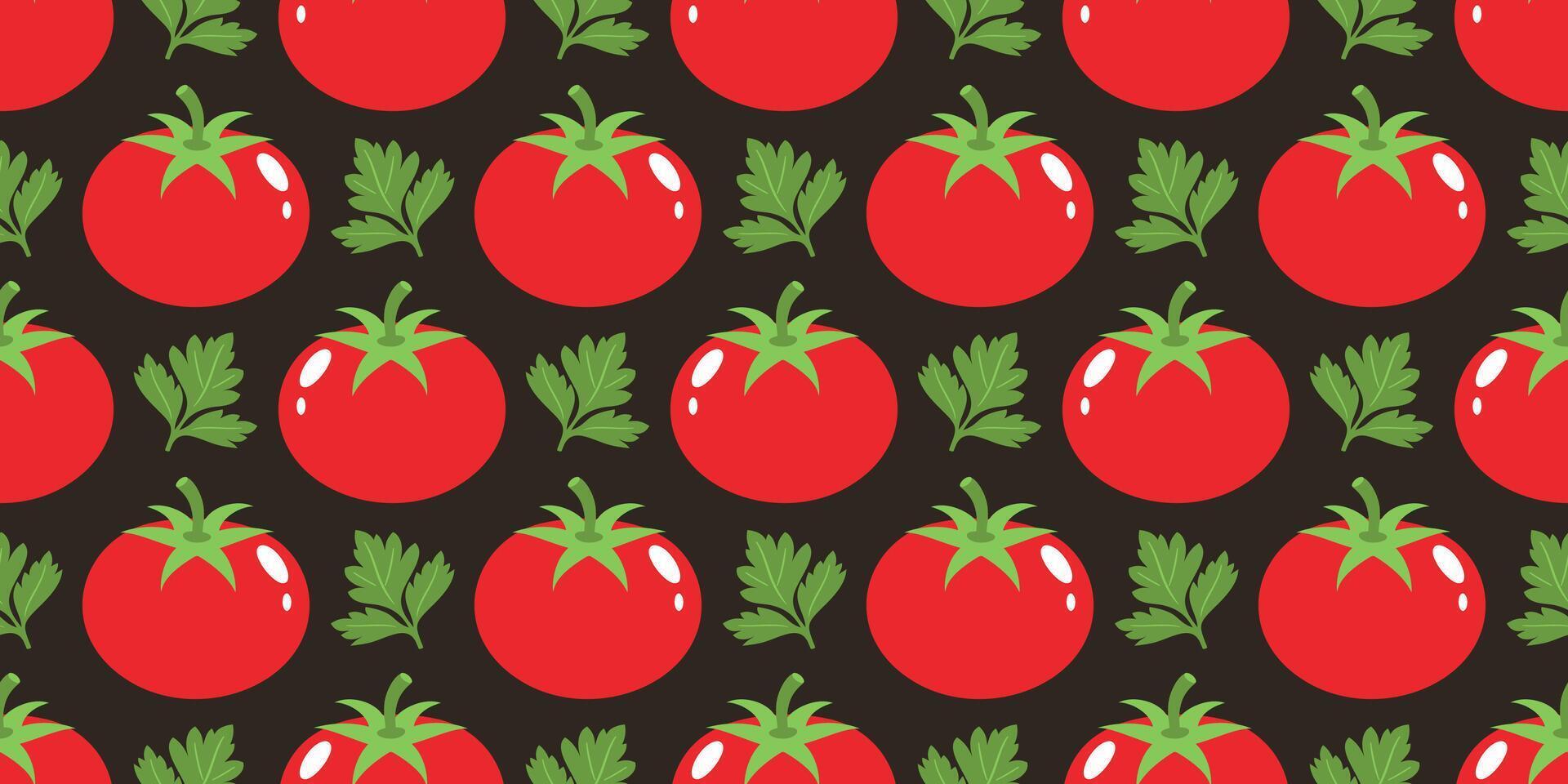 Seamless pattern with bright red tomatoes and green parsley leaves on dark background. Clean flat style, ideal for textiles, wallpapers, packaging, kitchen decor food related branding, digital prints vector