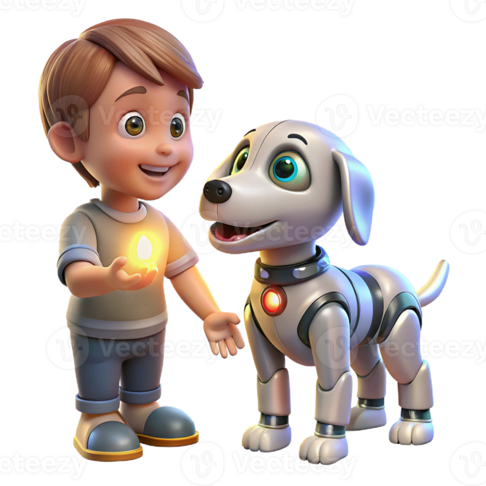 impressive artistic A robotic dog interacting with a child, its eyes glowing with friendly light, rendered in a heartwarming, illustrative style original png