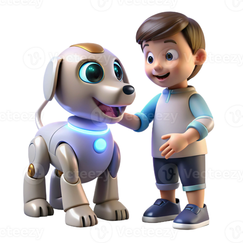 beautiful traditional A robotic dog interacting with a child, its eyes glowing with friendly light, rendered in a heartwarming, illustrative style genuine png