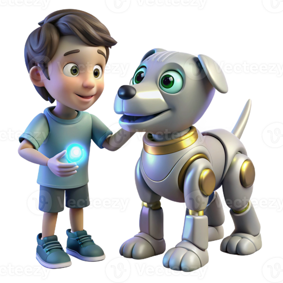 serene artistic A robotic dog interacting with a child, its eyes glowing with friendly light, rendered in a heartwarming, illustrative style premium png