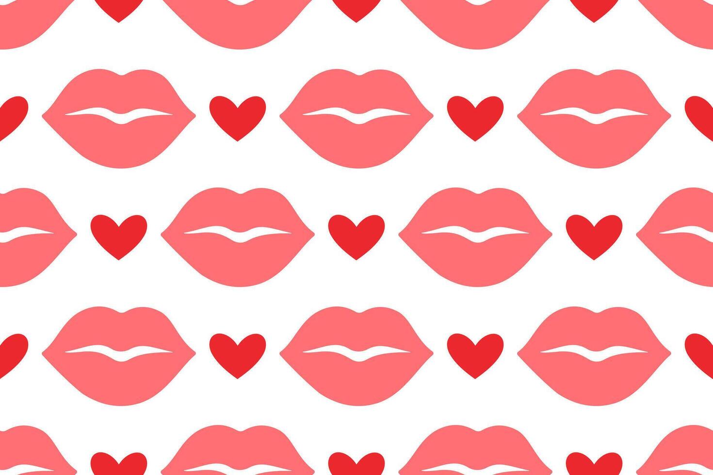 Seamless pattern with pink lips and red hearts on white background. Flat playful romantic design pastel tones. Perfect for Valentines Day projects, fashion prints, wallpapers, wrapping paper, textiles vector