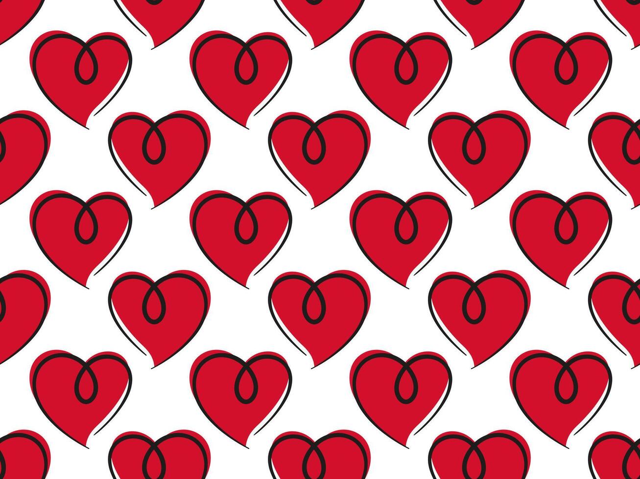 Seamless pattern of hand drawn red hearts, outlined in black, on white background. Modern abstract style ideal for Valentines Day, gift wrapping, wallpaper, fashion prints, textiles, stationery. vector
