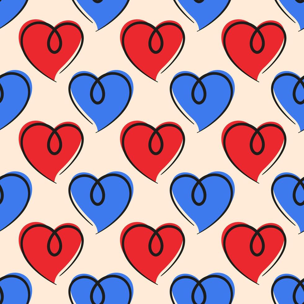Seamless pattern of hand drawn red and blue hearts, outlined in black, on beige background. abstract style ideal for Valentines Day, gift wrapping, wallpaper, fashion prints, textiles, stationery. vector