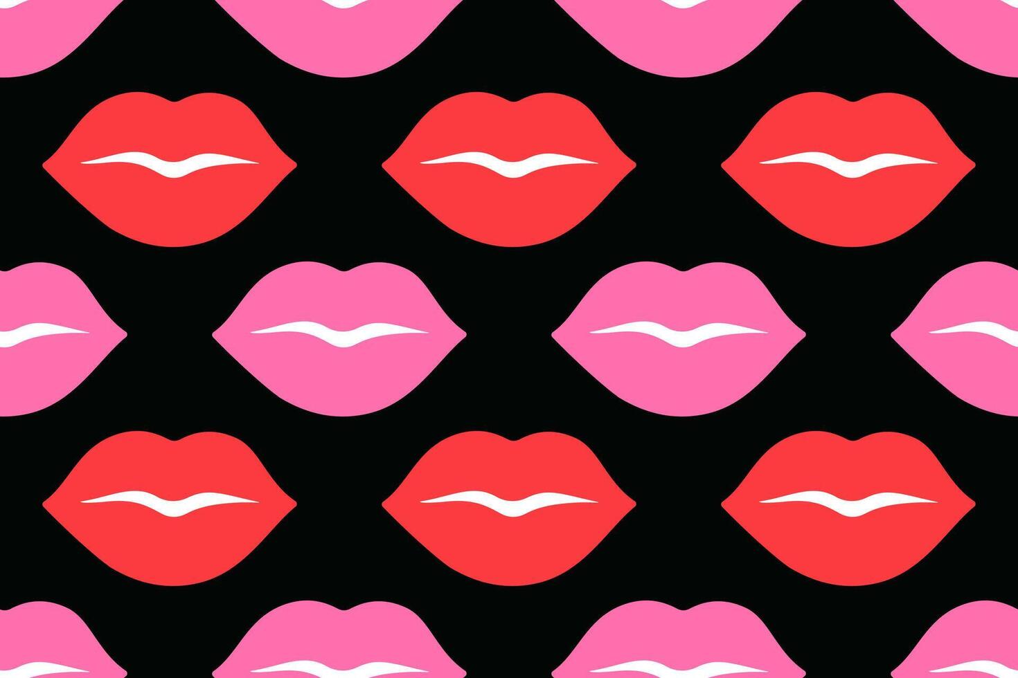 Seamless pattern with red and pink lips on black background. Flat playful, romantic design pastel tones. Perfect for Valentines Day projects, fashion prints, wallpapers, wrapping paper, textiles vector