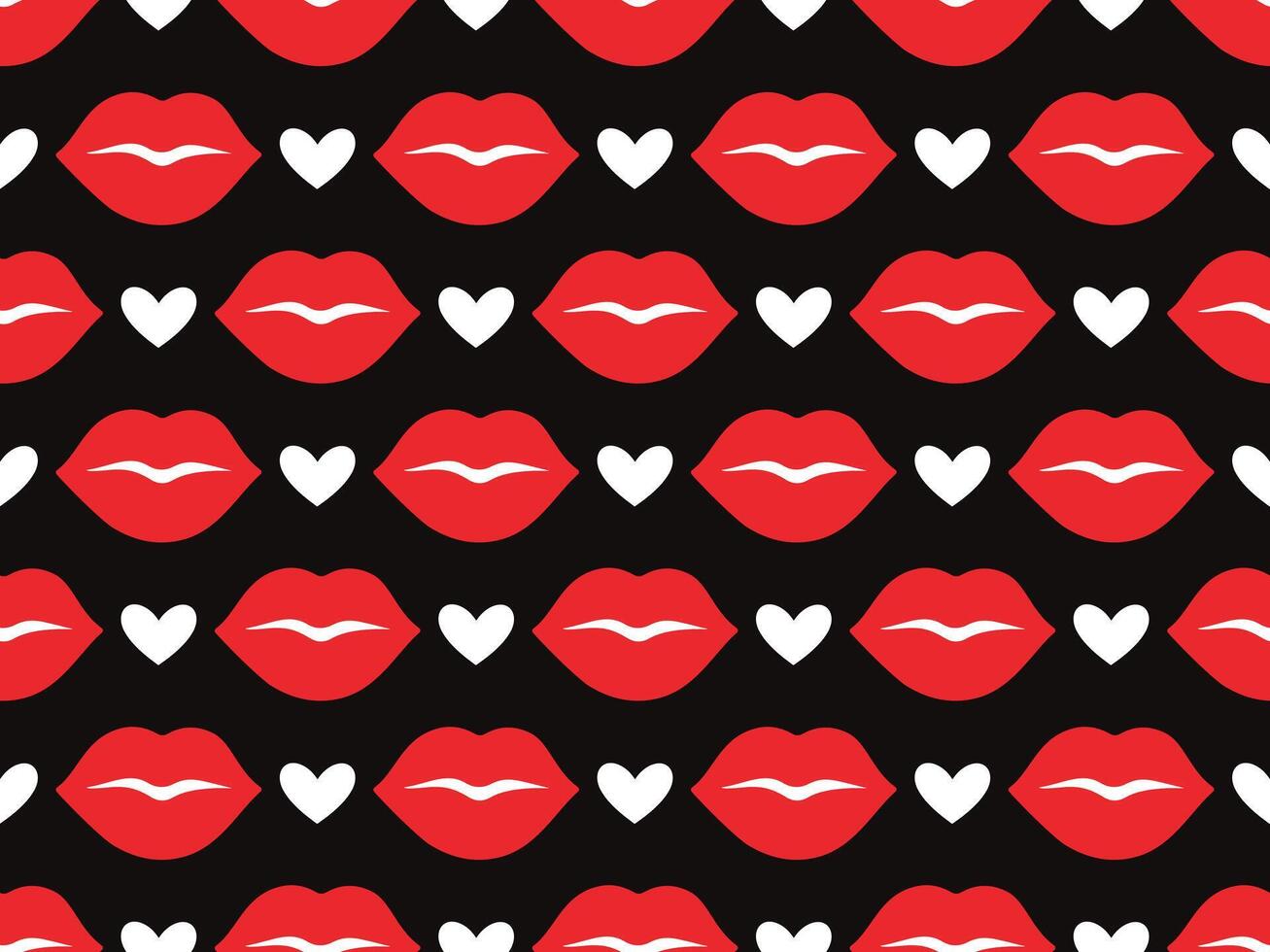 Seamless pattern with red lips and white hearts on black background. Flat playful, romantic design bright colors. Perfect for Valentines Day projects, fashion prints, wrapping paper, textiles vector