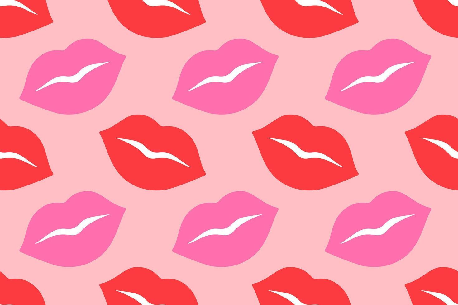 Seamless pattern with red and pink lips on soft pink background. Flat playful, romantic design pastel tones. Perfect for Valentines Day projects, fashion prints, wallpapers, wrapping paper, textiles vector