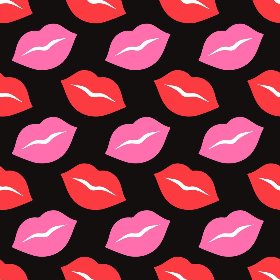 Seamless pattern with red and pink lips on black background. Flat style playful, romantic design pastel tones. Perfect for Valentines Day projects, fashion prints, wallpapers, wrapping paper, textiles vector