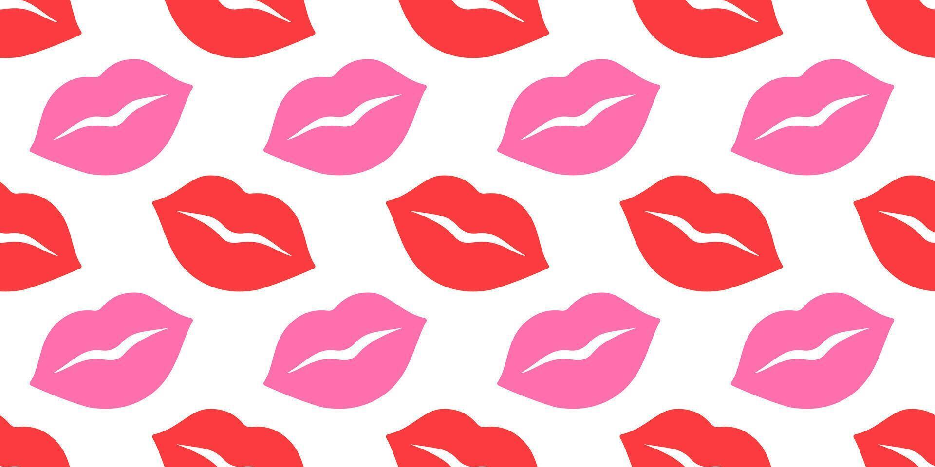 Seamless pattern with red and pink lips on white background. Flat playful, romantic design pastel tones. Perfect for Valentines Day projects, fashion prints, wallpapers, wrapping paper, textiles vector