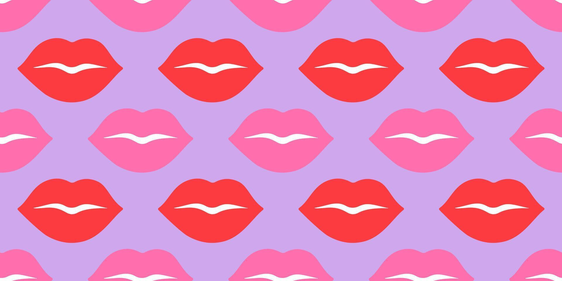 Seamless pattern with red and pink lips on soft lilac background. Flat playful, romantic design pastel tones. Perfect for Valentines Day projects, fashion prints, wallpapers, wrapping paper, textiles vector