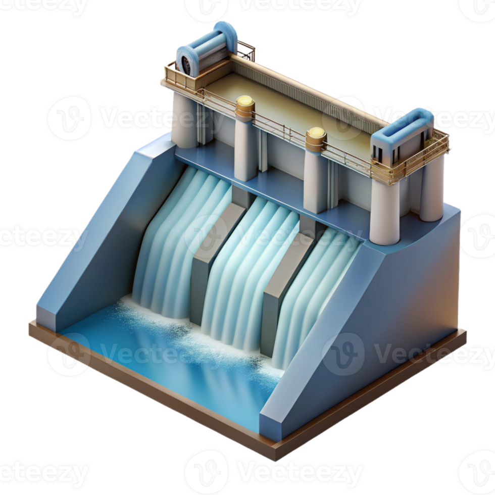impressive modern A hydroelectric dam harnessing the power of water, water flowing over the spillway, rendered in a dramatic, realistic style original png