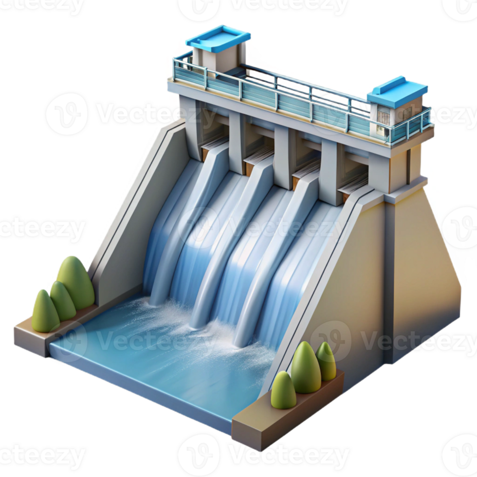 wonderful abstract A hydroelectric dam harnessing the power of water, water flowing over the spillway, rendered in a dramatic, realistic style exclusive png