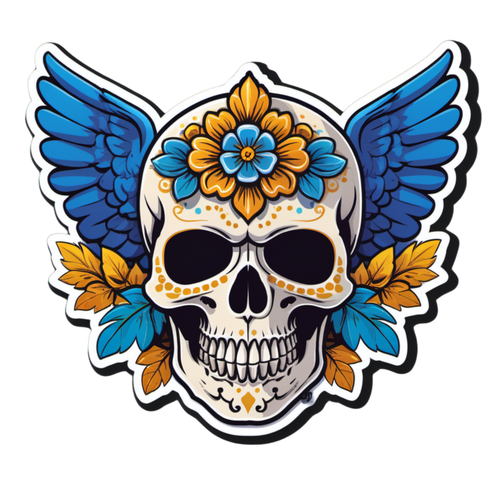 A sticker with a skull with wings and flowers png