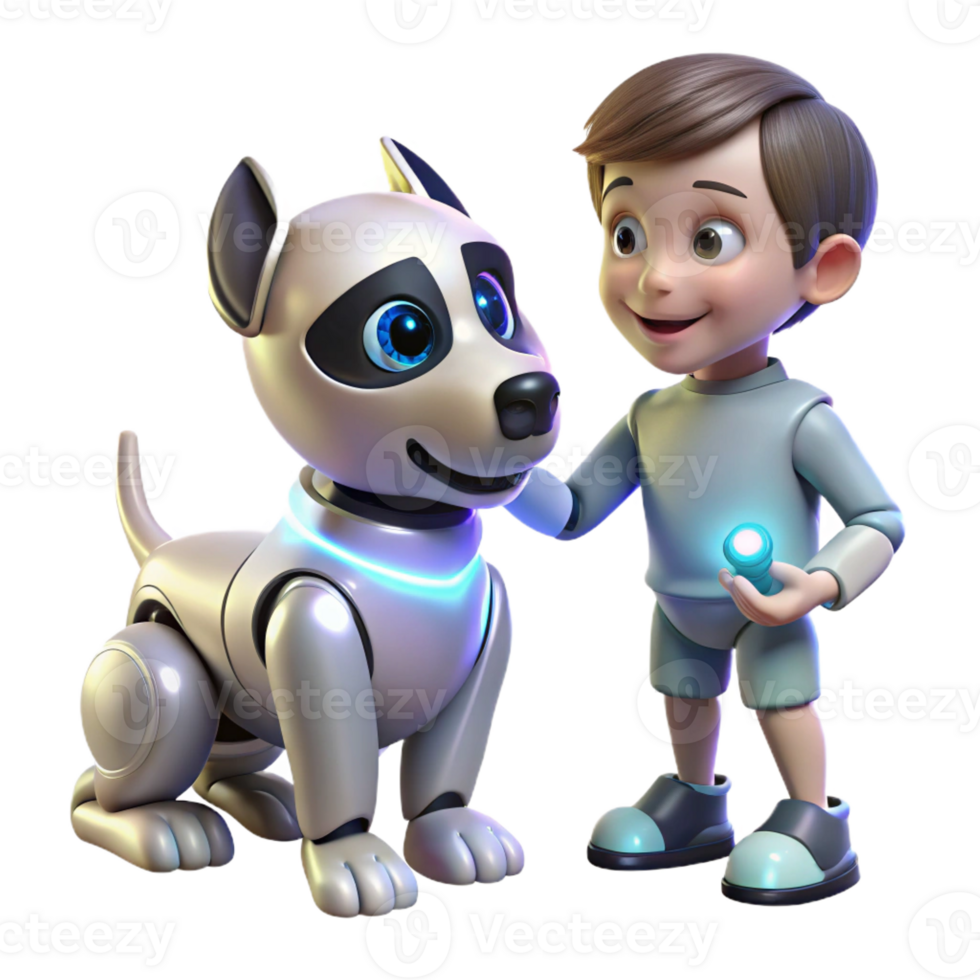 vibrant traditional A robotic dog interacting with a child, its eyes glowing with friendly light, rendered in a heartwarming, illustrative style professional png