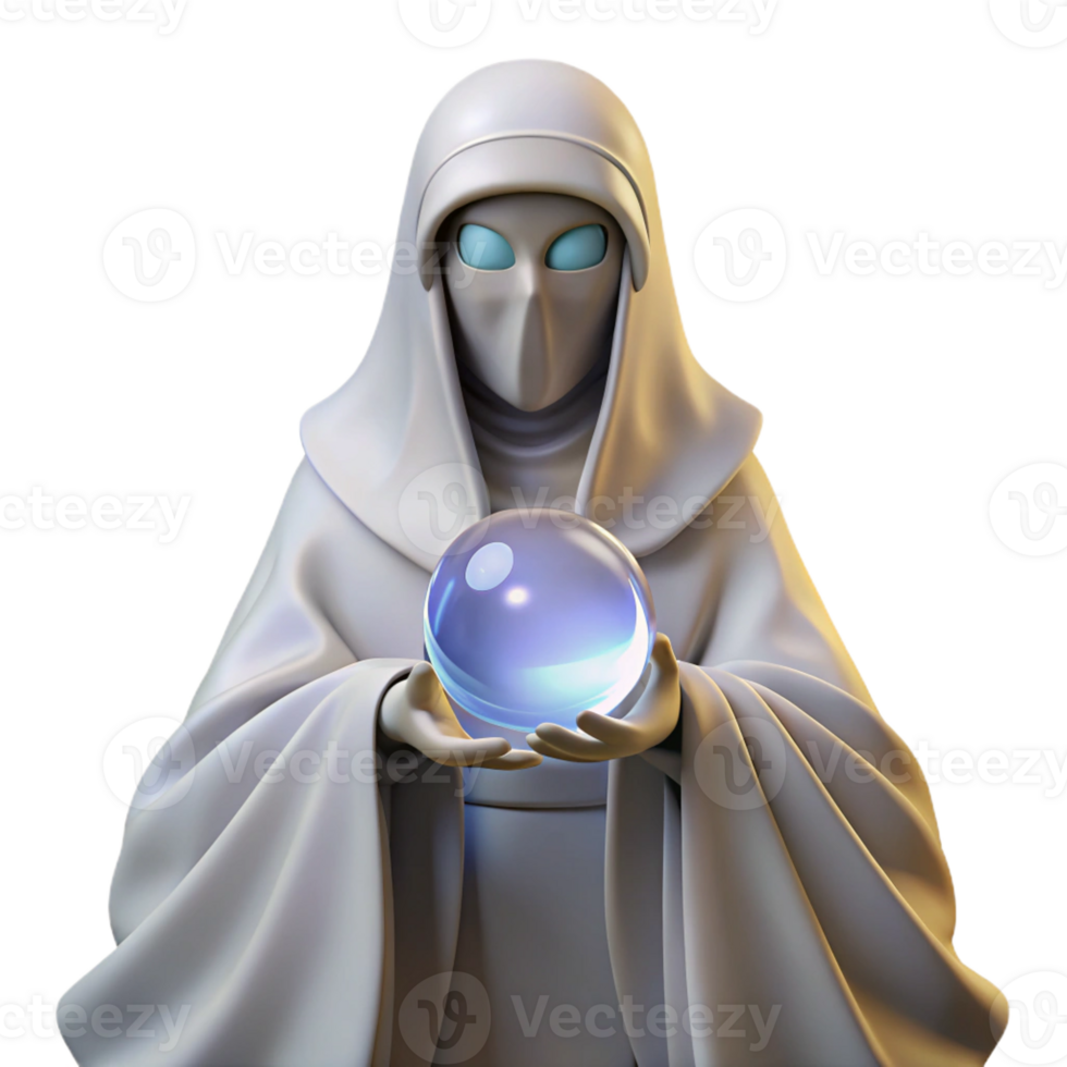 extraordinary rustic A mysterious oracle with veiled eyes and flowing white robes, holding a crystal sphere that shows visions of the future. Surreal style, mystical lighting genuine png