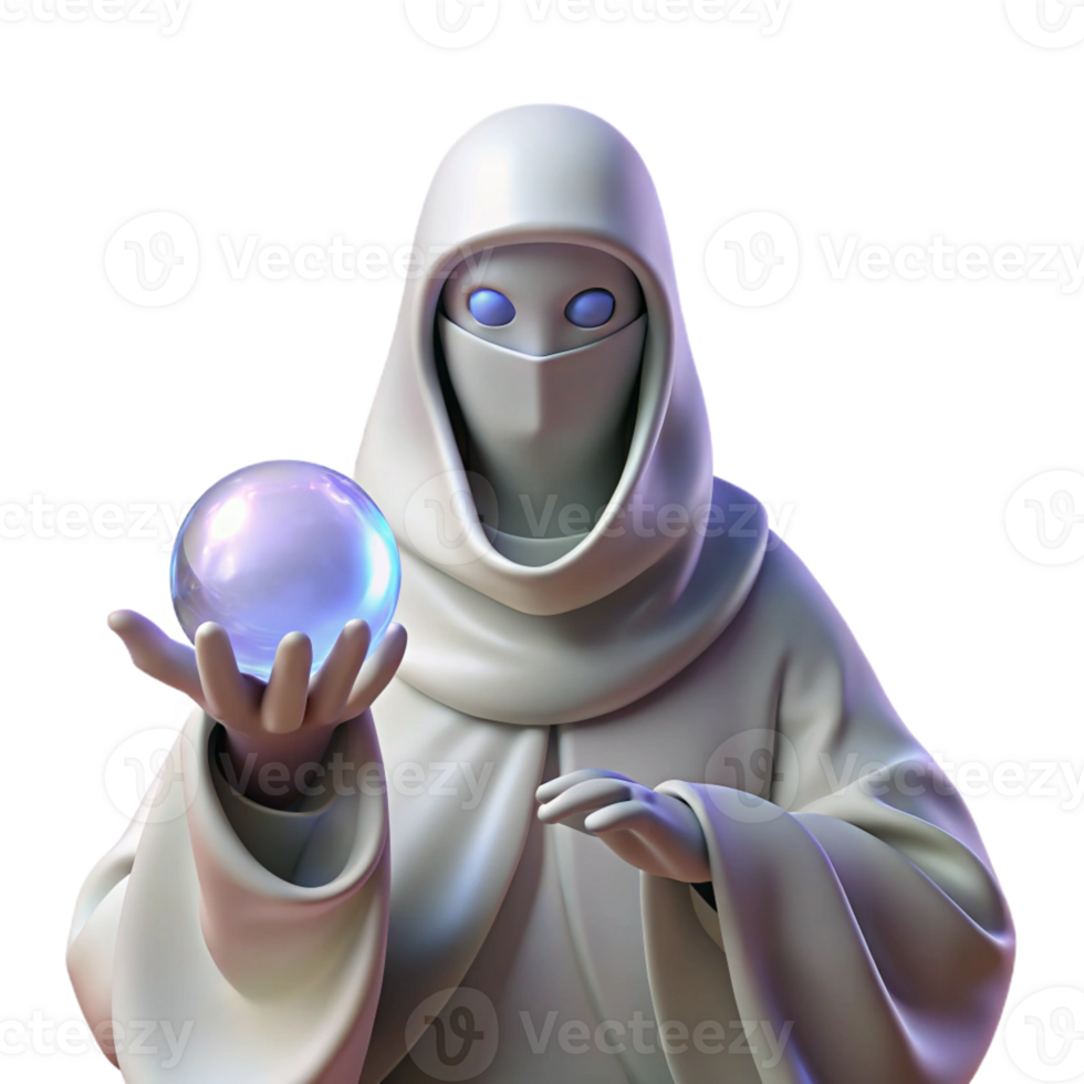 elegant traditional A mysterious oracle with veiled eyes and flowing white robes, holding a crystal sphere that shows visions of the future. Surreal style, mystical lighting genuine png