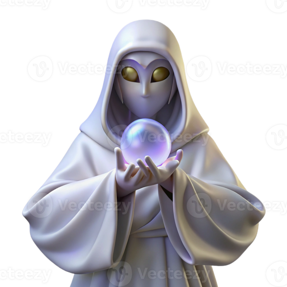 magnificent vintage A mysterious oracle with veiled eyes and flowing white robes, holding a crystal sphere that shows visions of the future. Surreal style, mystical lighting high resolution png