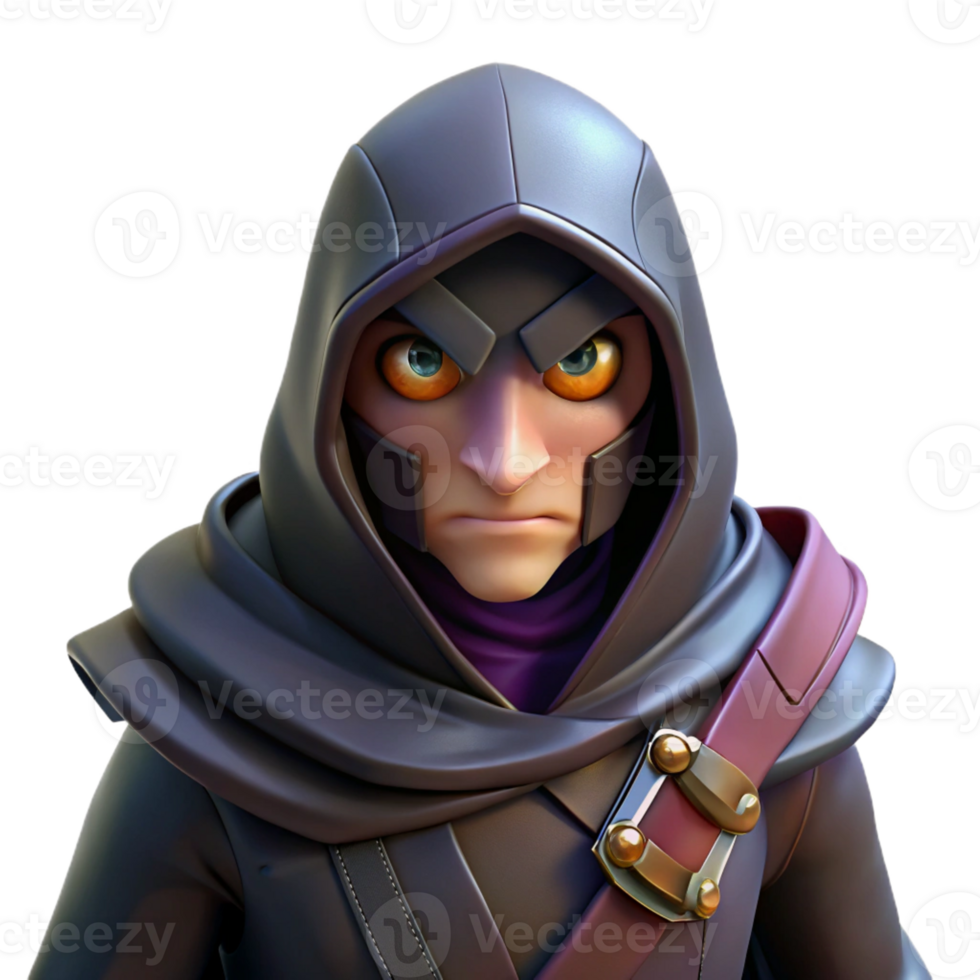 impressive abstract A cunning rogue with a hooded cloak and a pair of daggers, lurking in the shadows. The rogue's eyes gleam with cunning. Dark fantasy style, dim lighting premium png