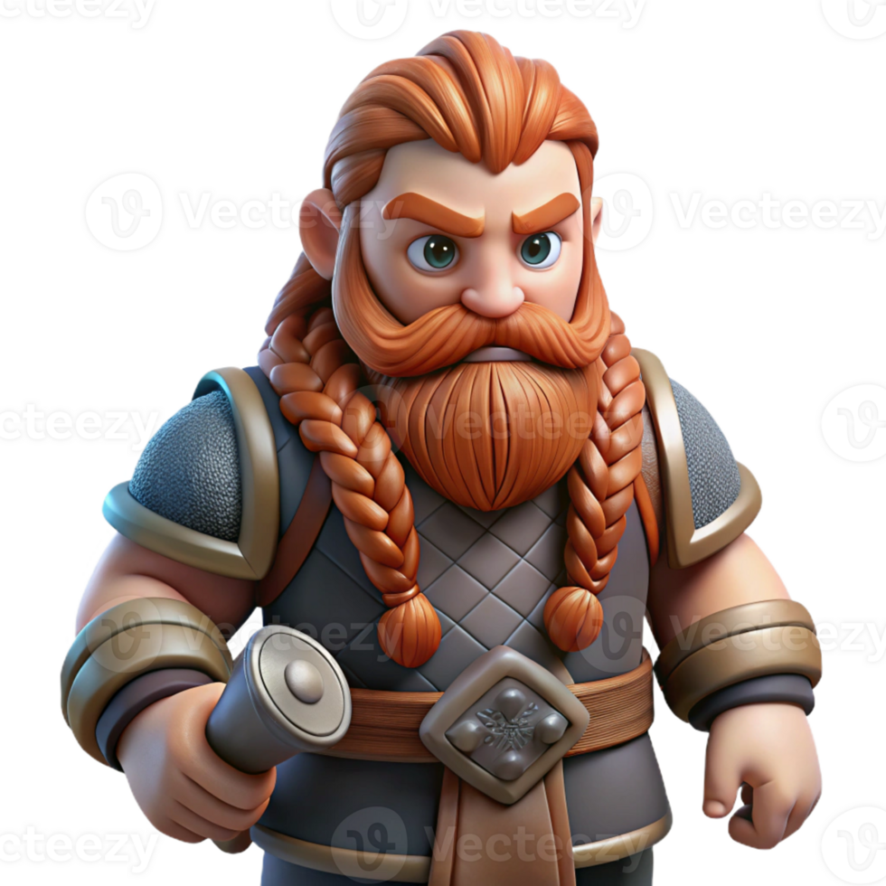 vibrant classic A stoic dwarf with a thick beard and braided hair, wielding a warhammer carved from granite. The dwarf's armor is adorned with intricate runes. Realistic style, dim lighting exclusive png