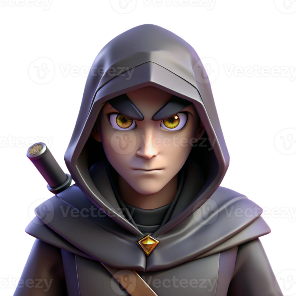 extraordinary creative A cunning rogue with a hooded cloak and a pair of daggers, lurking in the shadows. The rogue's eyes gleam with cunning. Dark fantasy style, dim lighting professional png