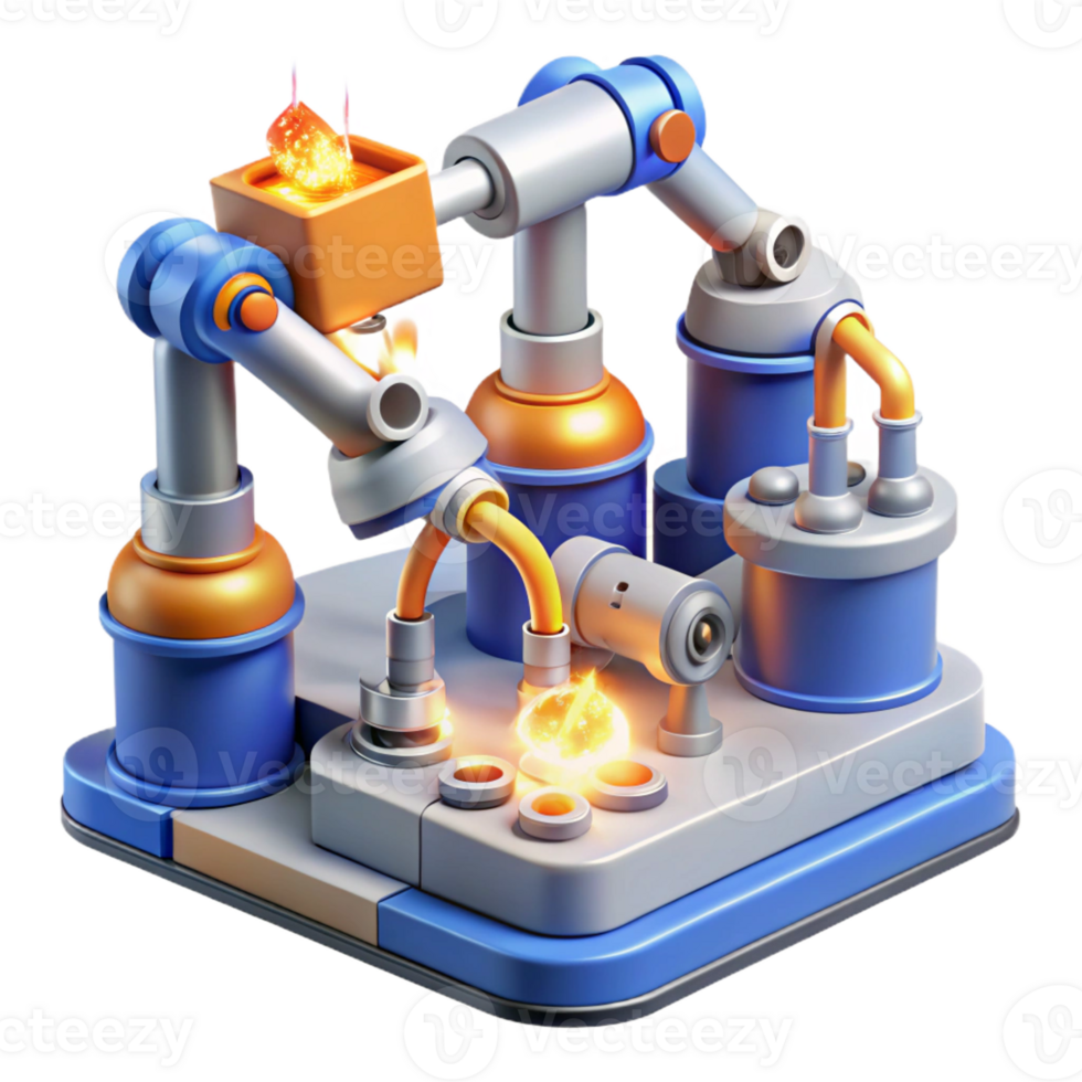 extraordinary modern A futuristic factory filled with automated robots assembling products, sparks flying from welding torches, lit by industrial lighting exclusive png