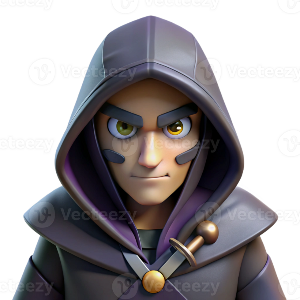 extraordinary traditional A cunning rogue with a hooded cloak and a pair of daggers, lurking in the shadows. The rogue's eyes gleam with cunning. Dark fantasy style, dim lighting premium png