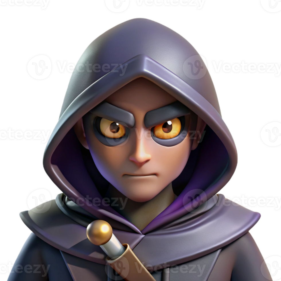 beautiful minimalist A cunning rogue with a hooded cloak and a pair of daggers, lurking in the shadows. The rogue's eyes gleam with cunning. Dark fantasy style, dim lighting detailed png