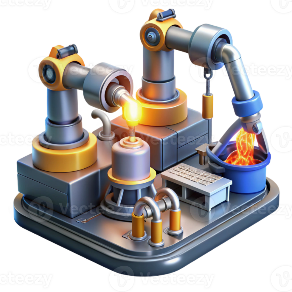 beautiful modern A futuristic factory filled with automated robots assembling products, sparks flying from welding torches, lit by industrial lighting authentic png