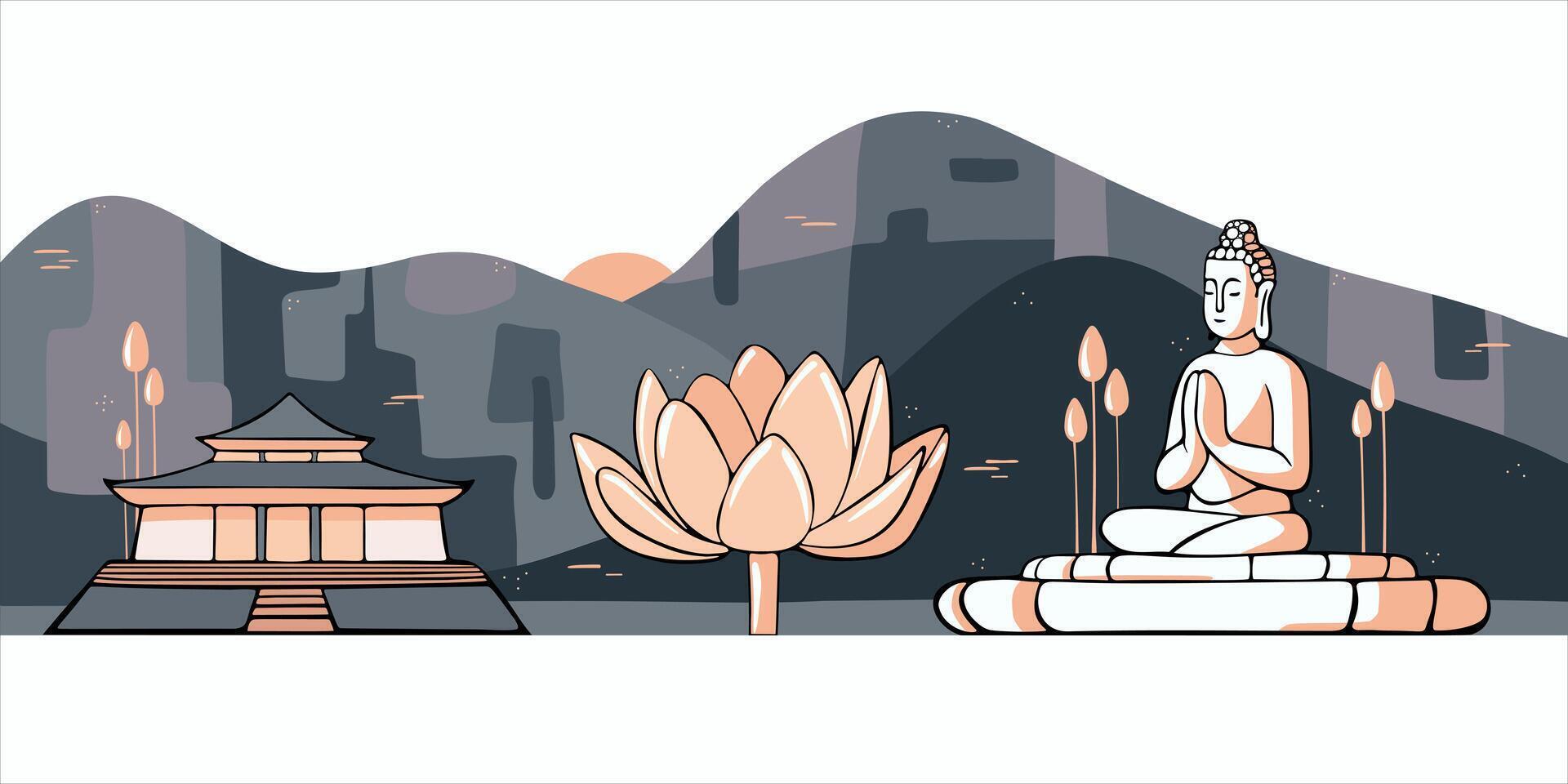 Asian Buddha in lotus position meditates on the background of mountains. Congratulatory, banner for Buddha's birthday, Vesak holiday. Stylish minimalistic poster with text Happy Vesak Day vector
