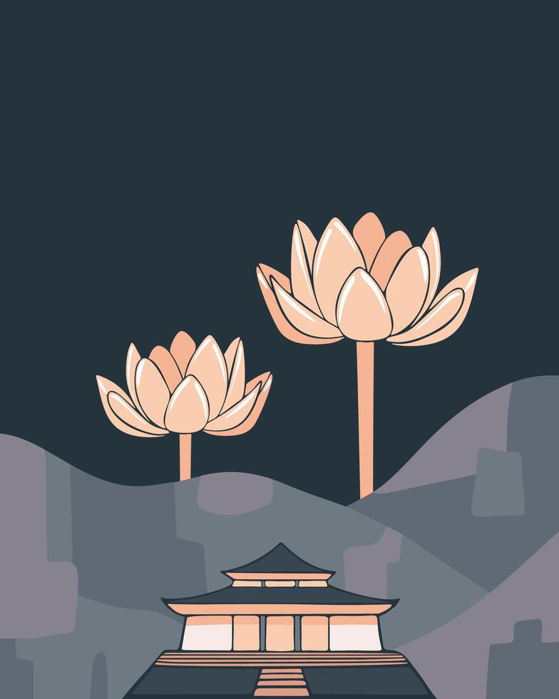 Asian cute temple on the background of mountains and lotuses. Happy Buddha birthday greeting card, Vesak holiday. Stylish minimalistic poster with copyspace vector