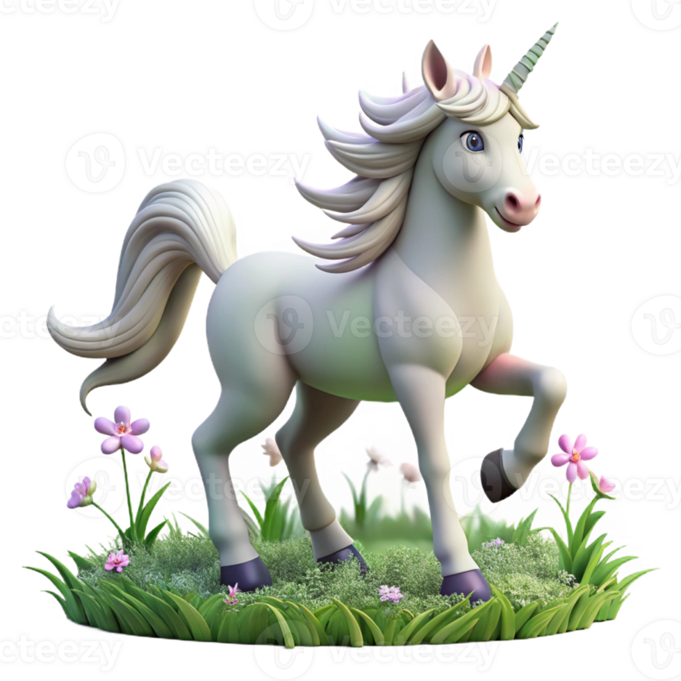 magnificent abstract A whimsical unicorn with a silver horn and a flowing white mane, prancing through a field of wildflowers. Fantasy art style, soft lighting premium png