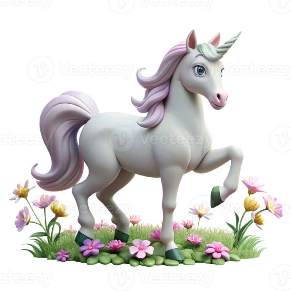 elegant vintage A whimsical unicorn with a silver horn and a flowing white mane, prancing through a field of wildflowers. Fantasy art style, soft lighting exclusive png