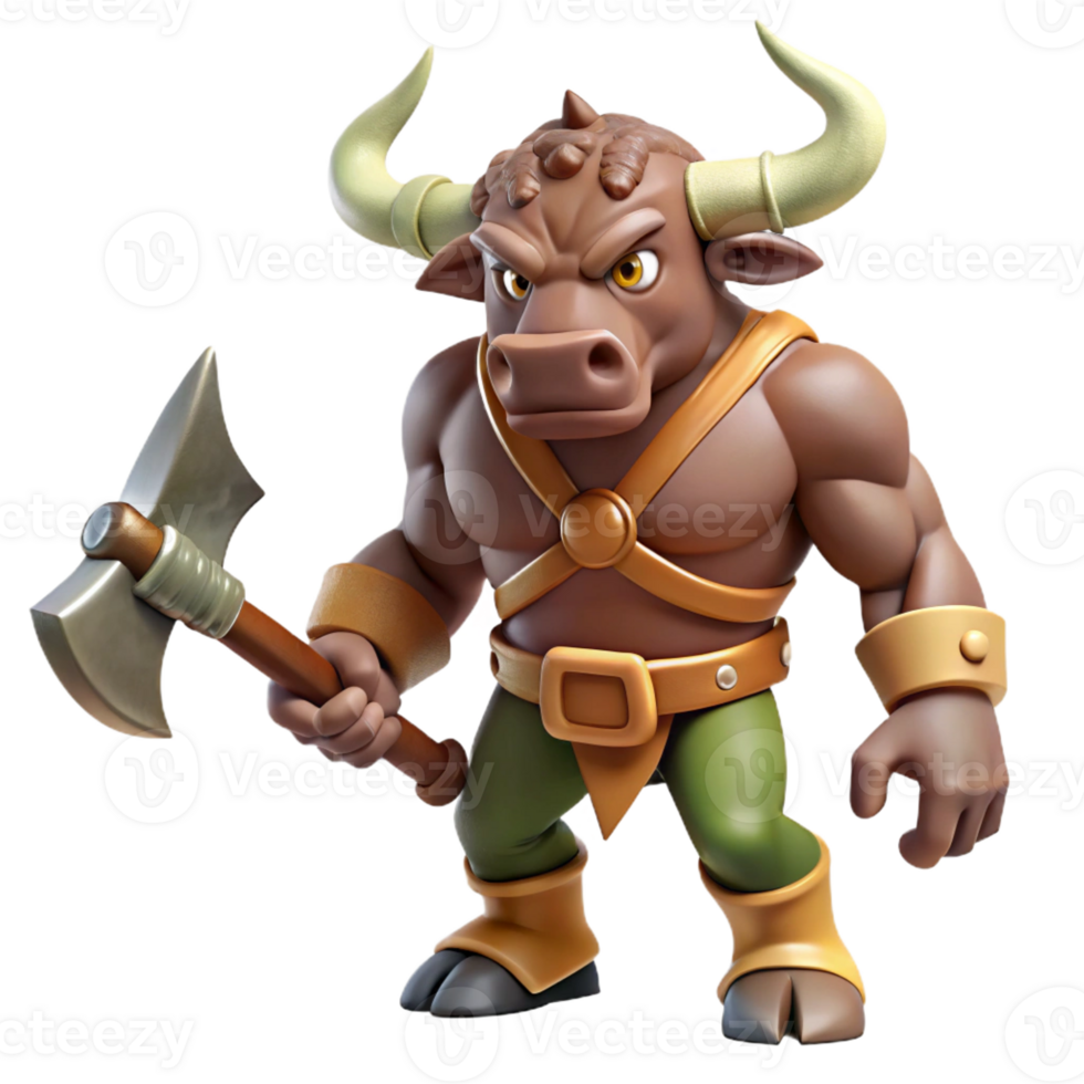 magnificent abstract A fierce minotaur with the head of a bull and the body of a man, wielding a giant axe. Greek mythology style, dim lighting 4K png