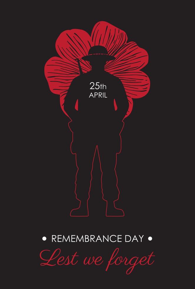 Flyer or postcard with red poppy flower and soldier on a black background in honor of memory to the dead. A symbol of memory of defenders and a Aznac day, in honor of veterans and congratulations. vector