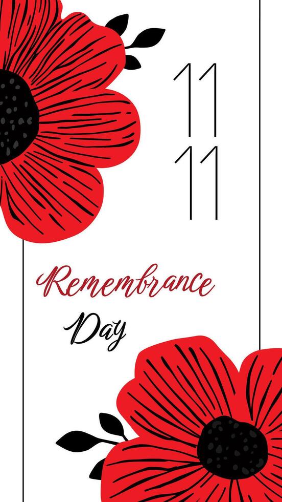 Festive flyer or card with red poppies and text Remembrance Day on white background. Symbol of Memorial Day, November 11. Design template for social networks and web mailing vector